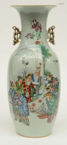 A Chinese polychrome decorated vase, painted on one side with the Eight Immortals and on the other side with flower branches and a bird, signed, H 56,5 cm (firing fault on the rim)