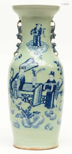A Chinese celadon ground vase, blue and white decorated with an animated scene, 19thC, H 60 cm (firing fault on the body)