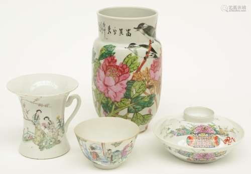A Chinese vase and bowl with cover, polychrome decorated with birds on a flower branch and flower baskets, marked; added ditto bowl and tea mug, decorated with figures, H 6,5 - 22,5 cm