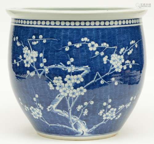 A Chinese blue and white cache-pot decorated with prunus blossoms, H 36 - Diameter 40 cm (firing faults and some cracks on the inside)