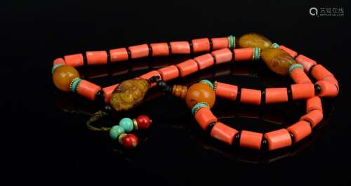 Chinese-Tibetan Coral Necklace with Amber