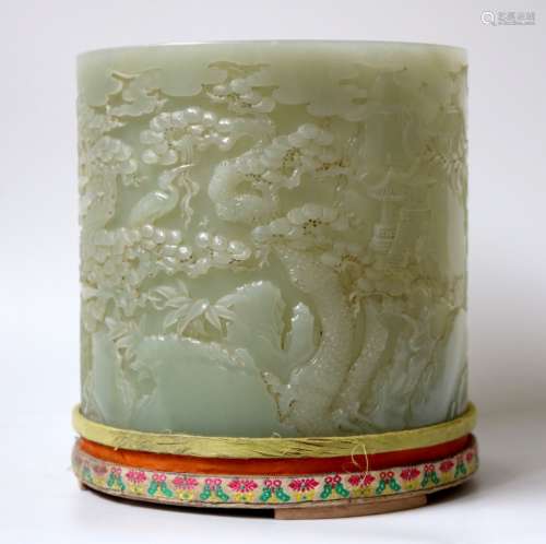 Chinese Finely Carved Celadon Jade Brush Pot