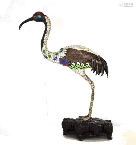 Chinese  Silver Enamel Crane on Wood Stand