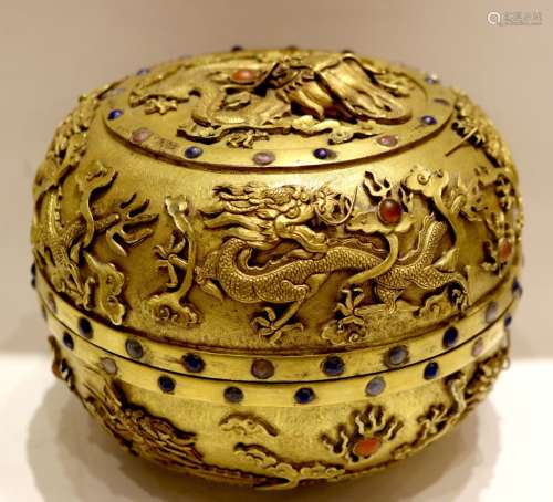 Chinese Gilt Bronze Rounded Covered Box w/Stones