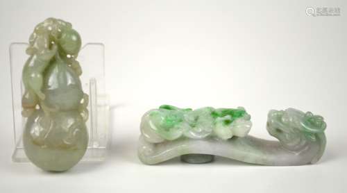 Two Jadeite Carvings Buckle & Double Gourd Pendant