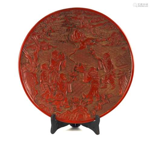 Chinese Carved Round Cinnabar Plate