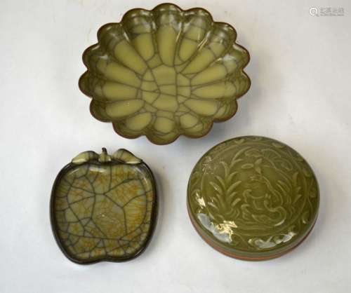 Three Chinese Celadon-Glazed Ceramic Pieces