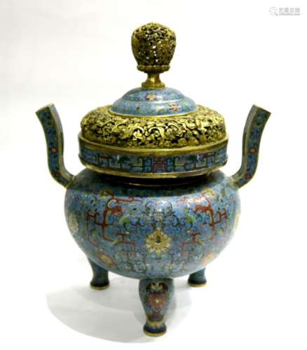 Chinese Cloisonne Tripod Incense Burner With Lid