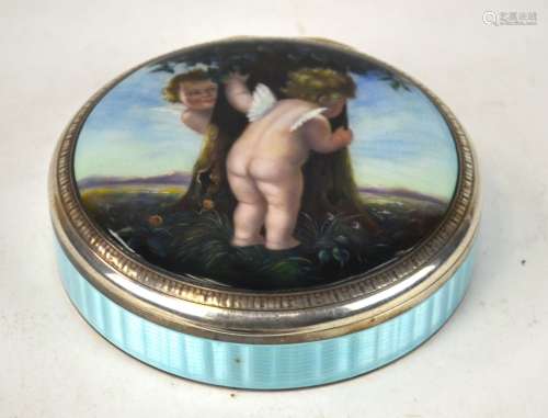 French Silver Enamel Round Covered Box