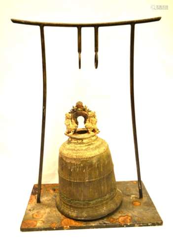 19/18th Cen. Large Tibetan Bronze Bell w Holder