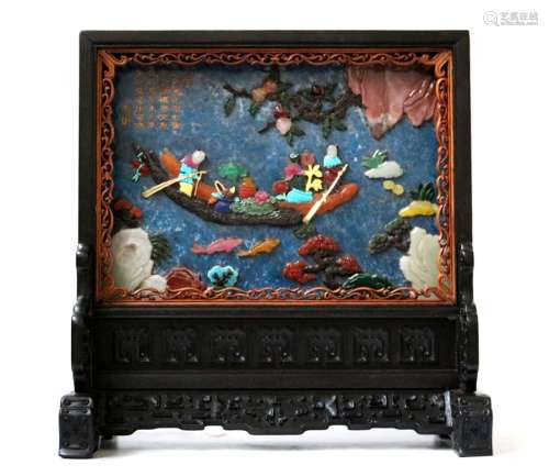Chinese Stone Inlaid Wood Table Screen