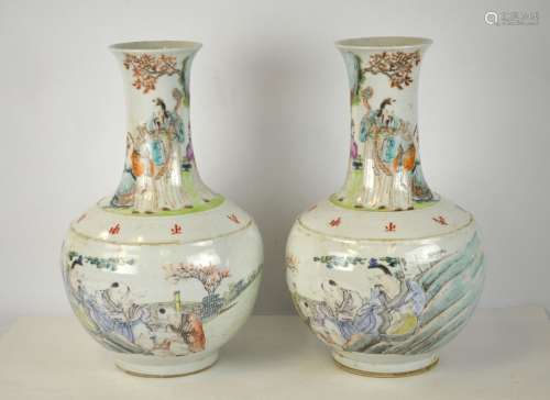 Pair Chinese Famille Rose Bottle Vases