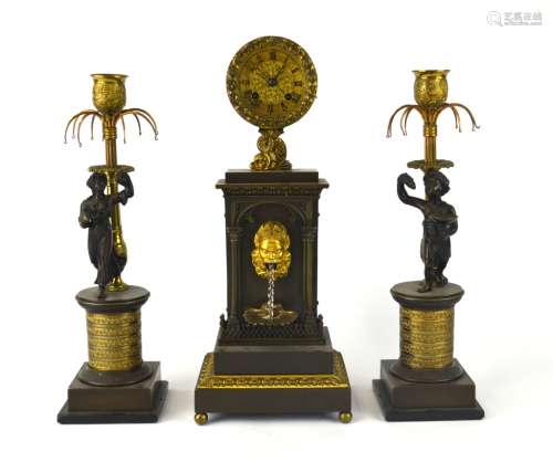 Three Pcs of French Bronze Clock & Candle Holders