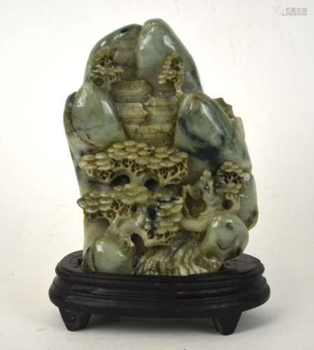 Chinese Carved Jadeite Boulder w/Wood Stand