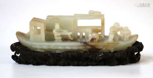 Chinese Carved Jade Boat w/Wood Base