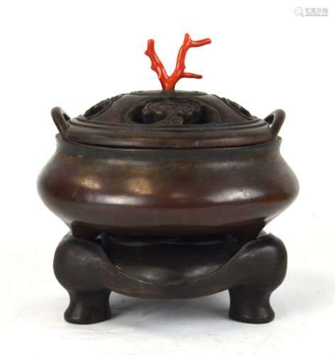 Chinese Bronze Censer W. Hard Wood Cover & Stand