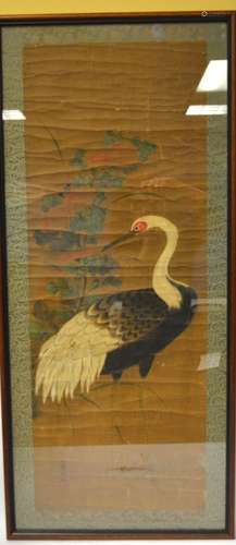 Antique Chinese Painting of Crane in Wood Frame