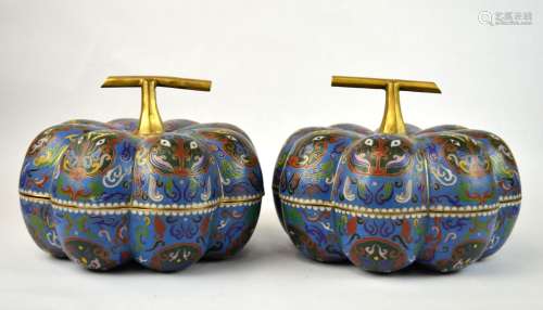 Pair of Chinese Cloisonne Pumpkin Shaped Boxes