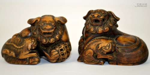 Pr Chinese Carved Wood Foo Dog Figures