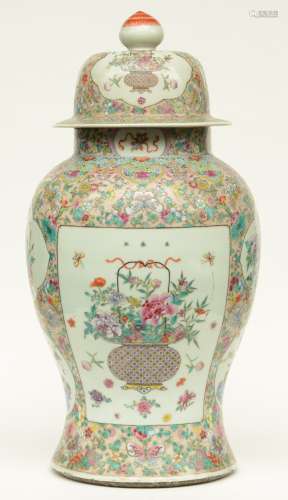 An impressive Chinese famille rose vase with cover, the roundels decorated with flower baskets and flower branches, 19thC, H 78 cm