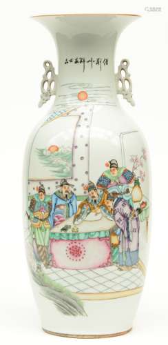 A Chinese polychrome decorated vase with an animated scene, H 57,5 cm