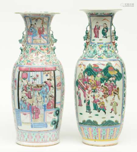 Two Chinese famille rose vases, decorated with animated scenes, 19thC, H 59,5 - 61 cm (one vase with a crack in the bottom)