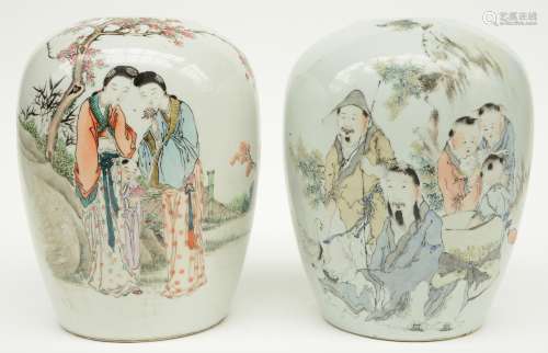 Two Chinese ginger jars, polychrome decorated with figures in a landscape, marked and signed, H 28,5 cm (missing covers)