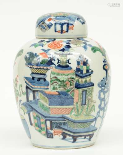 A Chinese polychrome ginger jar, decorated with flowers and antiquities, marked Kangxi, 19thC, H 30,5 cm