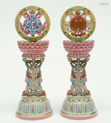 Two Chinese famille rose altar ornaments, mark Qianlong, H 24 - 24,5 cm