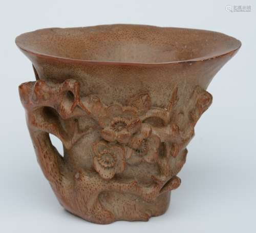 A Chinese 'bamboo' wooden carved libation cup, H 11 cm