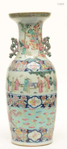 A Chinese polychrome vase, decorated with several animated scenes, dragons and other symbols, 19thC, H 60,5 cm (one ear with small restoration)