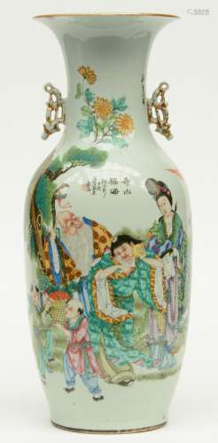 A Chinese polychrome decorated vase, painted on one side with an animated scene and on the other side decorated with flower branches and birds, signed by the artist, 19thC, H 57,5 cm (chip near the top rim)