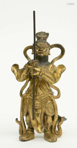 A Tibetan gilt bronze warrior, probably Ming, 17th / 18thC, H 22,5 cm (original spear missing)