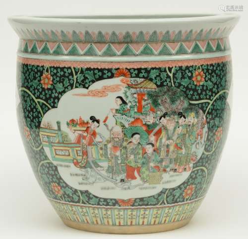 A Chinese famille verte cache-pot, the roundels decorated with the Eight Immortals and an animated scene, H 37 - Diameter 41 cm (crack on the body)