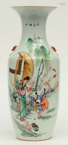 A Chinese vase, polychrome decorated with children playing in a garden, H 57,5 cm (chip on the top rim)