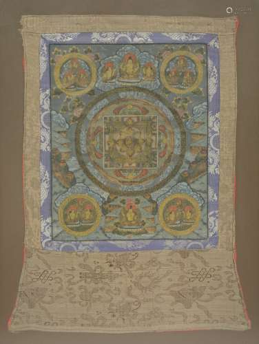 A Tibetan tanka, gouache on paper on textile, ca. 1900, 50 x 65 cm