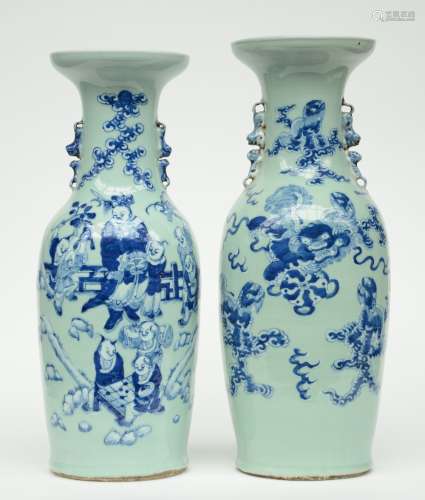 Two Chinese celadon ground blue and white vases, one decorated with children and one with Fu lions, 19thC, H 59,5 - 61 cm