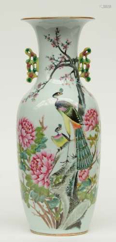 A Chinese famille rose vase decorated with birds on flower branches, H 60 cm