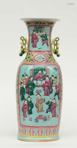 A Chinese turquoise ground polychrome vase, decorated with court scenes, H 61 cm