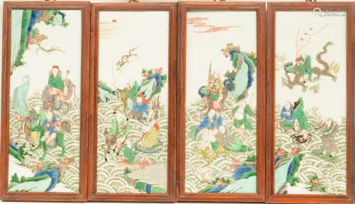 Four Chinese famille verte plaques in frame, decorated with animated genrescenes, 21 x 27,5 cm