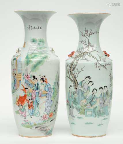 Two Chinese polychrome vases, decorated with figures in a garden, H 58 - 59 cm (one vase with firing faults on the top rim and inside the neck, and crack on the bottom)