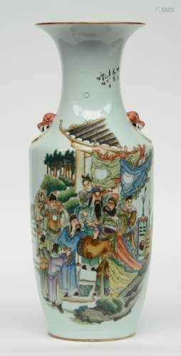 A Chinese polychrome vase decorated with an animated scene, H 58 cm