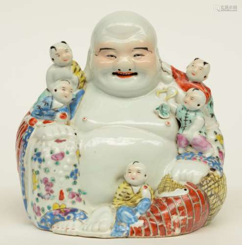 A Chinese laughing Budai with children, polychrome decorated, marked, H 25 cm