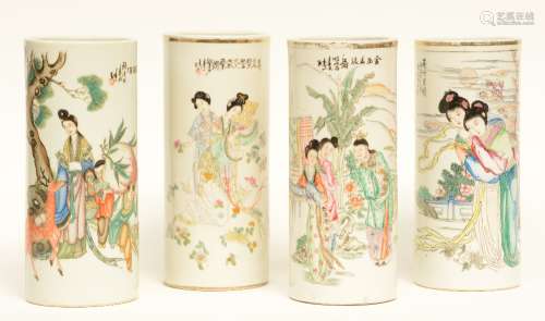 Four Chinese cylinder shaped vases, polychrome decorated with figures, marked, H 28 - 28,5 cm (one vase with a hairline)