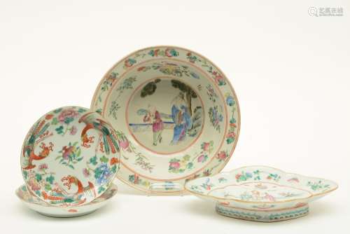 A Chinese bowl, plate and two dishes, famille rose and polychrome decorated, some marked, 19th-20thC, H 3 - 8,5 - Diameter 18, - 29,5 cm