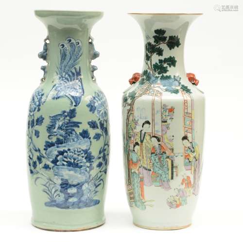 A Chinese polychrome vase, decorated with court ladies and children; added a Chinese celadon ground blue and white vase, decorated with phoenixes and flower branches, 19thC, H 59 - 60 cm