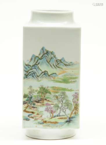 A Chinese quadrangular polychrome vase, decorated with horses and mountainous river landscapes, marked, H 32,5 cm