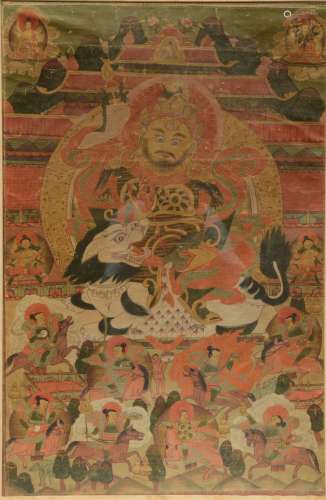 A 19thC Tibetan tanka, gouache on textile, 19thC, 48,5 x 73,5 cm
