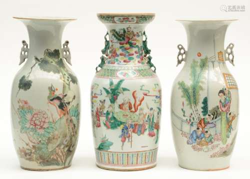 Three Chinese famille rose and polychrome decorated vases, H 43 - 45 cm (one with cracks on the bottom)