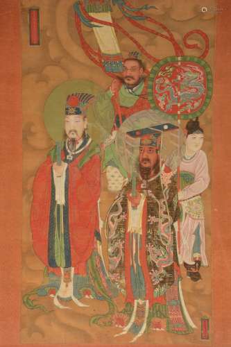 A Chinese watercolour painting on textile depicting a cortege of dignitaries, 19thC, 103 X 178,5cm